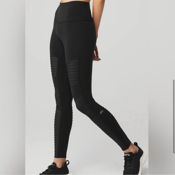 ALO High Waist Mixed Moto Faux Leather Mesh Legging Black - Picture 7 of 10